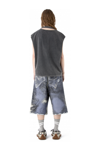 DISTORTED PRINT DISTRESSED DENIM SHORTS BLU-CREMA