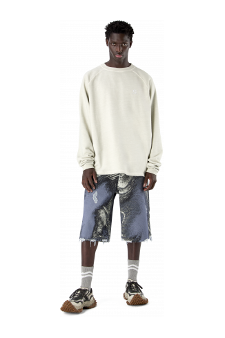 DISTORTED PRINT DISTRESSED DENIM SHORTS BLU-CREMA