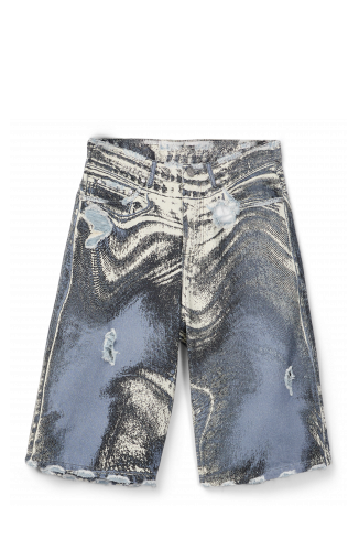 DISTORTED PRINT DISTRESSED DENIM SHORTS BLU-CREMA