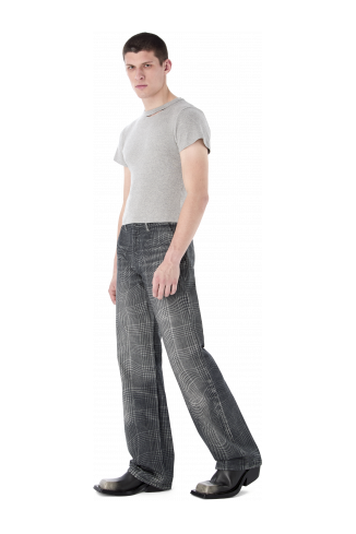 DISTORTED TARTAN PRINT DENIM JEANS NERO