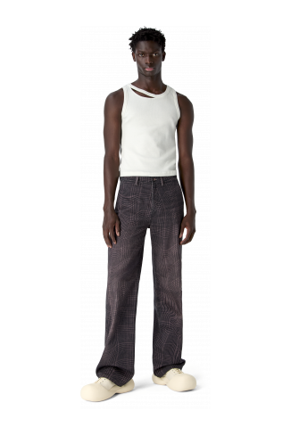 DISTORTED TARTAN PRINT DENIM JEANS BORDEAUX