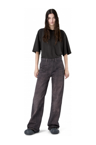 DISTORTED TARTAN PRINT DENIM JEANS BORDEAUX