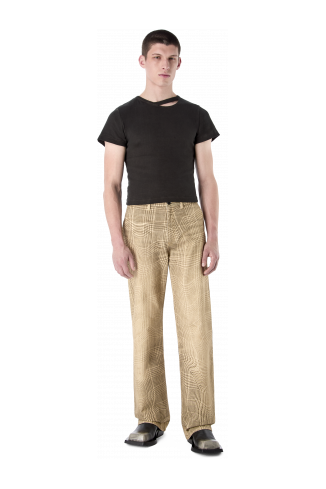 DISTORTED TARTAN PRINT DENIM JEANS MARRONE