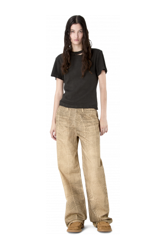 DISTORTED TARTAN PRINT DENIM JEANS MARRONE