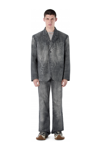 DISTORTED TARTAN PRINT DENIM BLAZER SCHWARZ