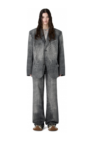 DISTORTED TARTAN PRINT DENIM BLAZER BLACK