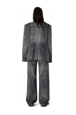 DISTORTED TARTAN PRINT DENIM BLAZER BLACK