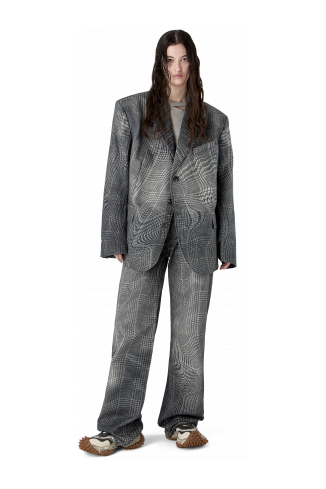 DISTORTED TARTAN PRINT DENIM BLAZER BLACK