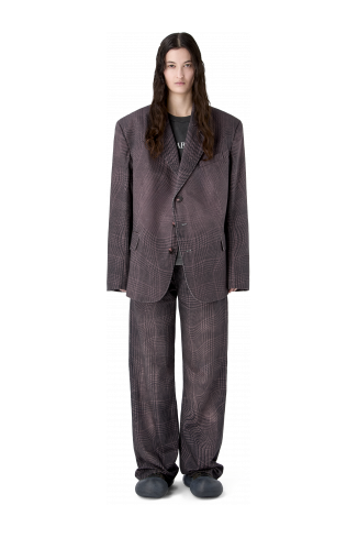 DISTORTED TARTAN PRINT DENIM BLAZER BURGUNDY