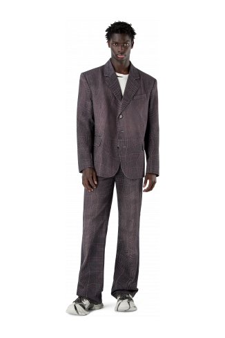 DISTORTED TARTAN PRINT DENIM BLAZER BURGUNDERROT