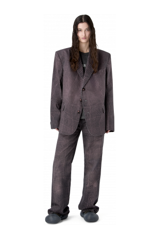 DISTORTED TARTAN PRINT DENIM BLAZER BURGUNDY