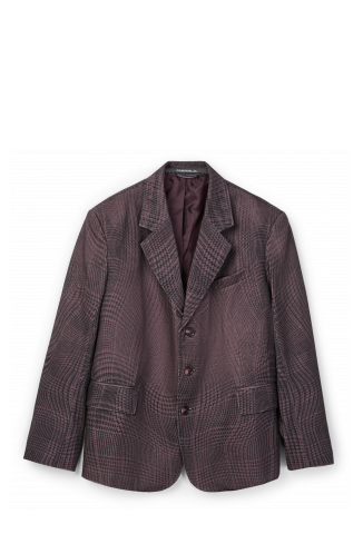 Side view of DISTORTED TARTAN PRINT DENIM BLAZER BURGUNDY