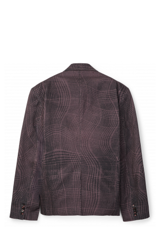 Back view of DISTORTED TARTAN PRINT DENIM BLAZER BURGUNDY