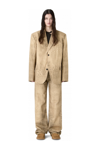 DISTORTED TARTAN PRINT DENIM BLAZER BROWN