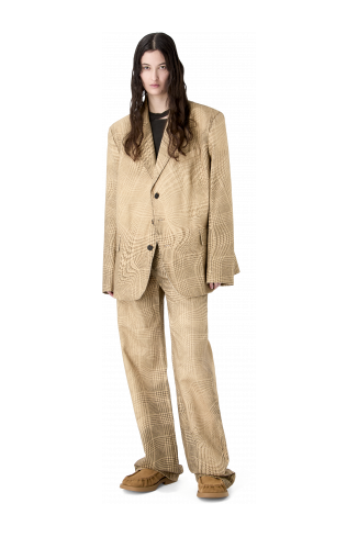 DISTORTED TARTAN PRINT DENIM BLAZER BROWN