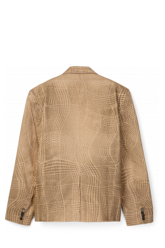 Back view of DISTORTED TARTAN PRINT DENIM BLAZER BROWN