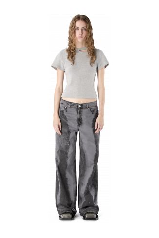 CUT-OUT RIBBED SLIM FIT T-SHIRT Gray MELANGE