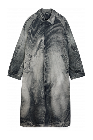 Side view of DISTORTED PRINT DENIM CAR COAT BLACK-Gray