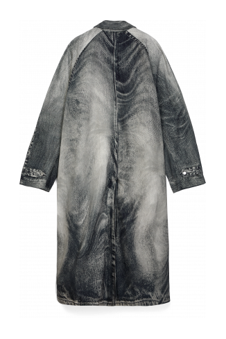Back view of DISTORTED PRINT DENIM CAR COAT BLACK-Gray