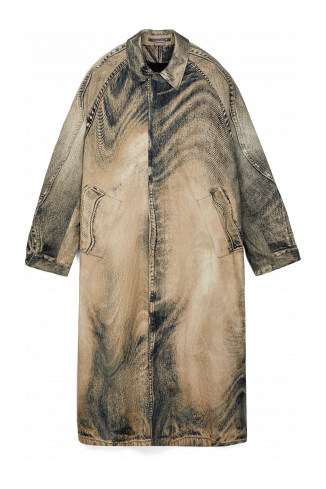 Side view of DISTORTED PRINT DENIM CAR COAT BEIGE-BROWN