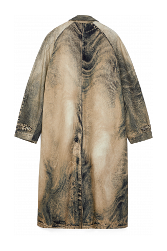 Back view of DISTORTED PRINT DENIM CAR COAT BEIGE-BROWN