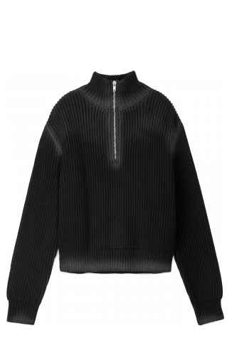 WASHED-SEAM RIBBED HALF-ZIP KNIT NOIR