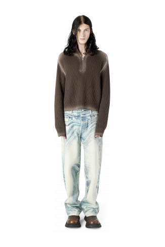WASHED-SEAM RIBBED HALF-ZIP KNIT BROWN