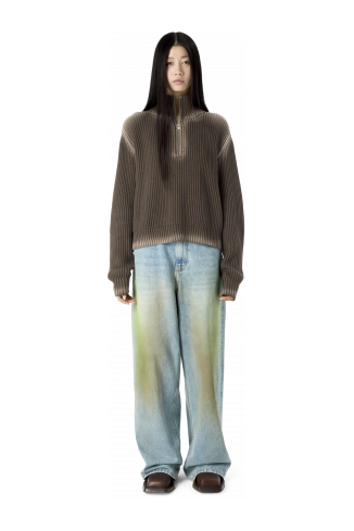 WASHED-SEAM RIBBED HALF-ZIP KNIT BROWN