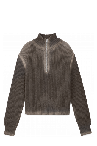 Side view of WASHED-SEAM RIBBED HALF-ZIP KNIT BROWN