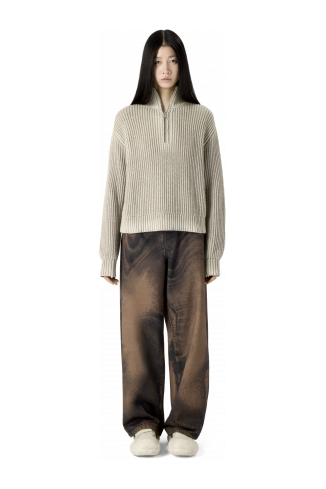 WASHED-SEAM RIBBED HALF-ZIP KNIT GREY