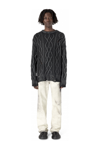 DISTRESSED CABLE KNIT SWEATER NOIR