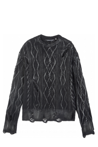 DISTRESSED CABLE KNIT SWEATER NOIR