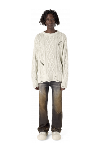 DISTRESSED CABLE KNIT SWEATER OFF WHITE