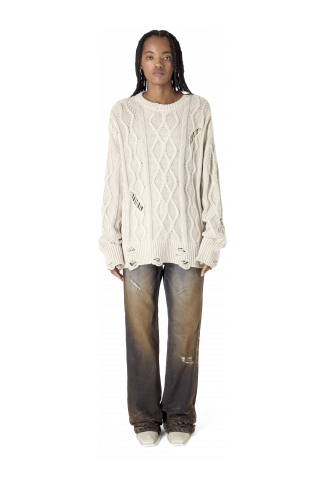 DISTRESSED CABLE KNIT SWEATER OFF WHITE