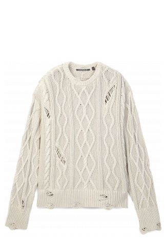 Side view of DISTRESSED CABLE KNIT SWEATER OFF WHITE
