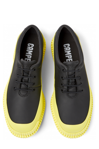 Overhead view of Pix Black and yellow leather lace-up shoes for men