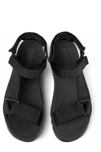 Overhead view of Oruga Up Black recycled PET sandals for women