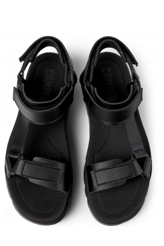 Overhead view of Oruga Up Black leather sandals for women