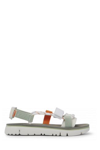Side view of Oruga White, green, and orange sandals for women