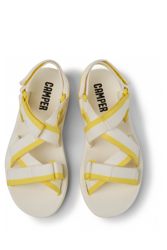 Overhead view of Match White and yellow recycled PET sandals for women