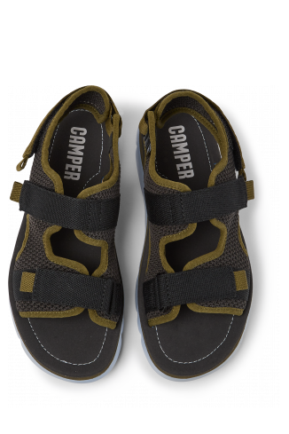 Overhead view of Oruga Grey, green, and black sandals for women
