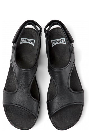 Overhead view of Right Black leather sandals for women