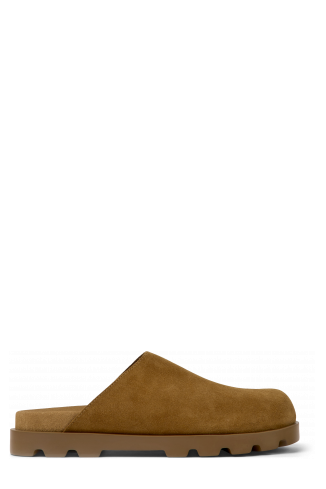 Side view of Brutus Sandal Brown leather clogs for women