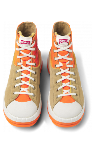 Overhead view of Teix Orange and beige ankle boots for women