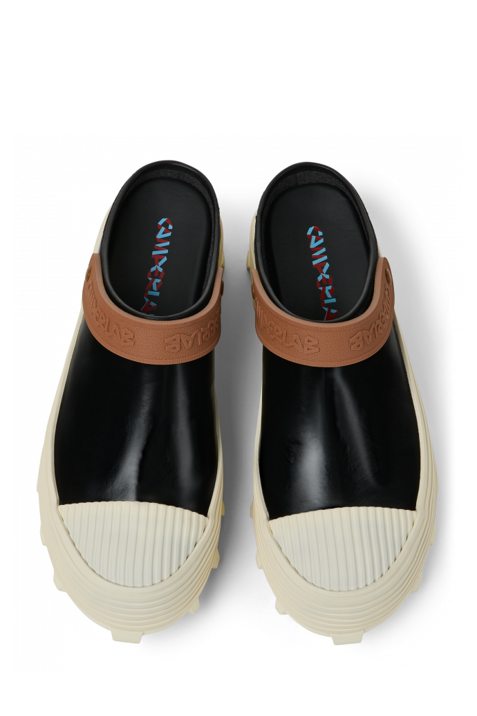 Overhead view of TRAKTORI Black-White-Brown Leather Clogs