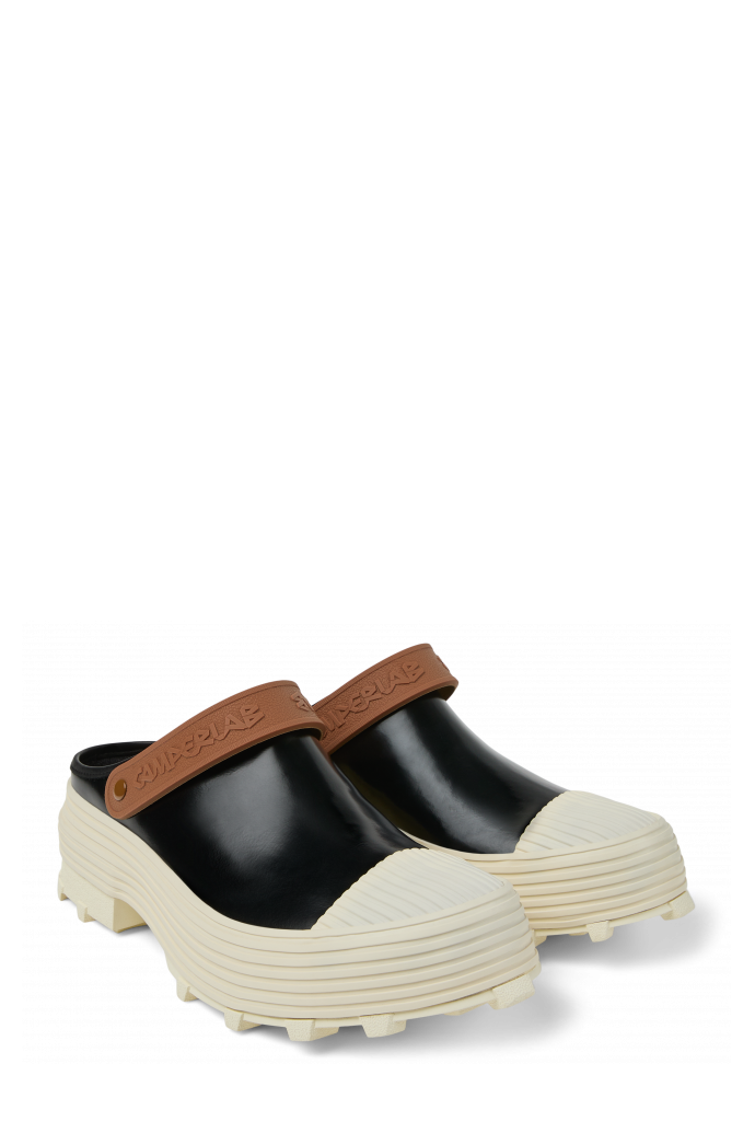 Front view of TRAKTORI Black-White-Brown Leather Clogs