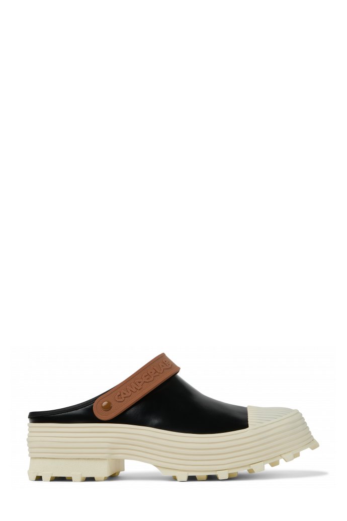 Side view of TRAKTORI Black-White-Brown Leather Clogs