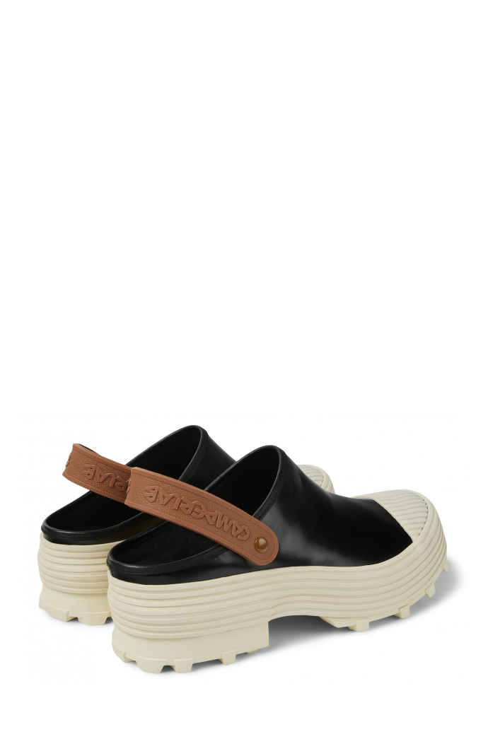 Back view of TRAKTORI Black-White-Brown Leather Clogs