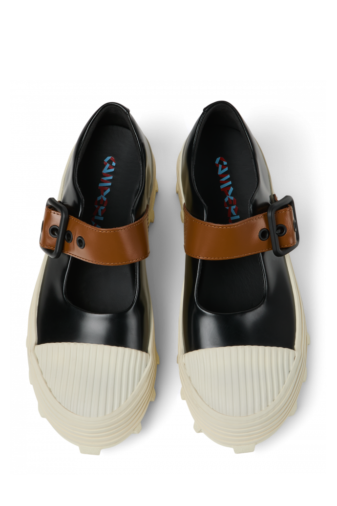 Overhead view of TRAKTORI Black-White-Brown Leather Mary Jane Clogs