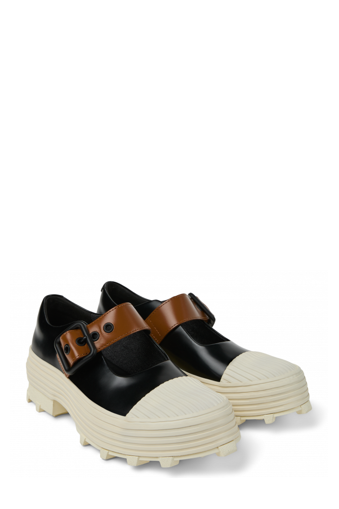 Front view of TRAKTORI Black-White-Brown Leather Mary Jane Clogs